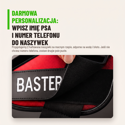Darmowa personalizacja: haftowana naszywka z imieniem psa na mocnym rzepie — zbliżenie naszywki BASTER