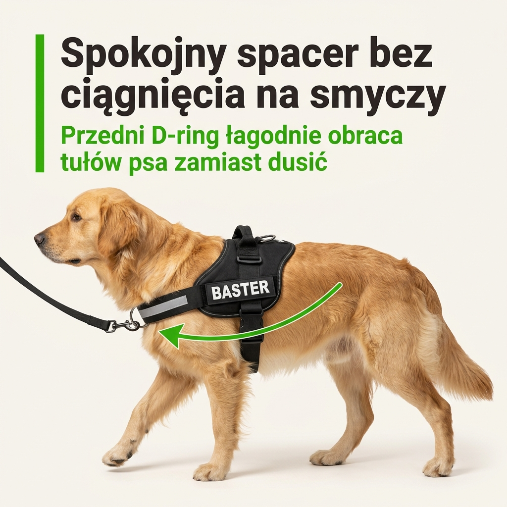 Pies w szelkach Furlok z przednim D-ringiem — smycz łagodnie obraca tułów psa, pomagając ograniczyć ciągnięcie