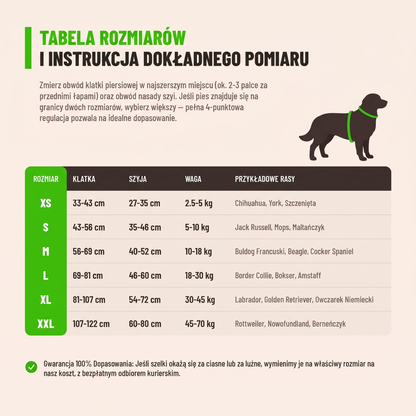 Tabela rozmiarów XS–XXL i instrukcja pomiaru obwodu klatki piersiowej i szyi — gwarancja 100% dopasowania