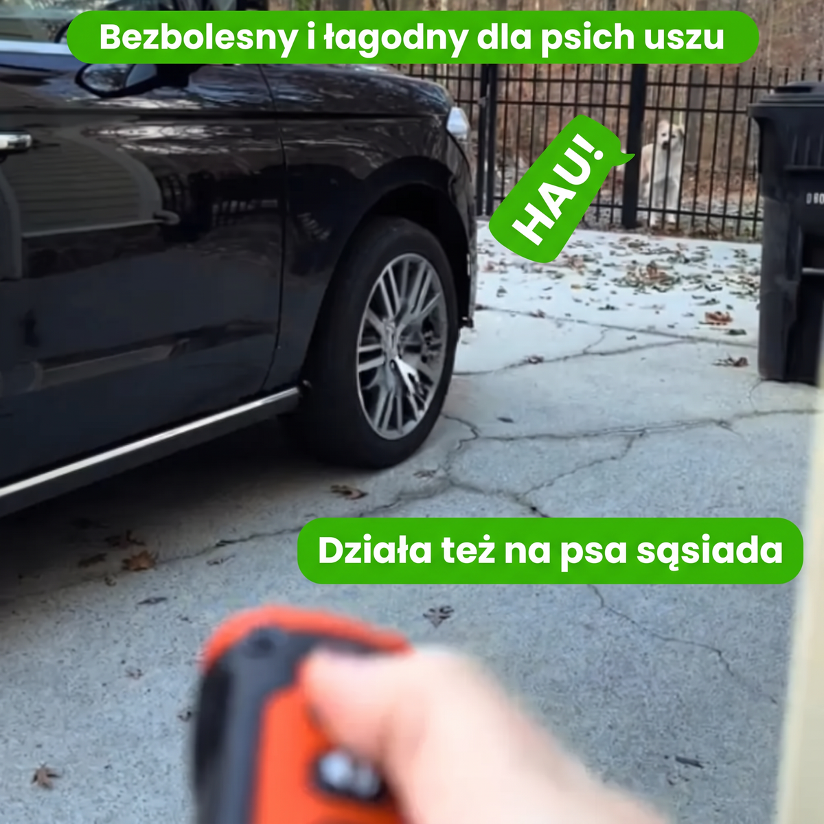 Dłoń kieruje pilot Furlok na szczekającego psa za płotem – działa też na psa sąsiada