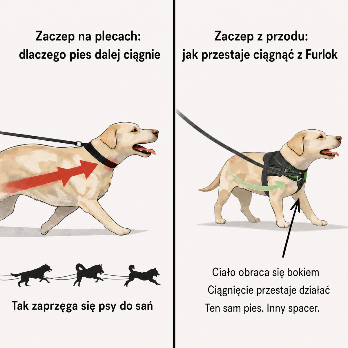 Porównanie psa ciągnącego w szelkach z zaczepem na plecach z psem obracającym się bokiem przy przednim zaczepie.