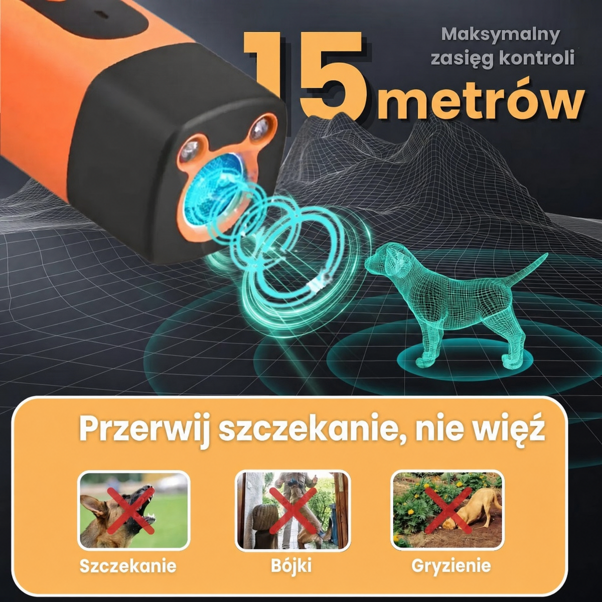 Pilot Furlok wysyła sygnał do psa z odległości 15 metrów; pod spodem przekreślone szczekanie, bójki i gryzienie