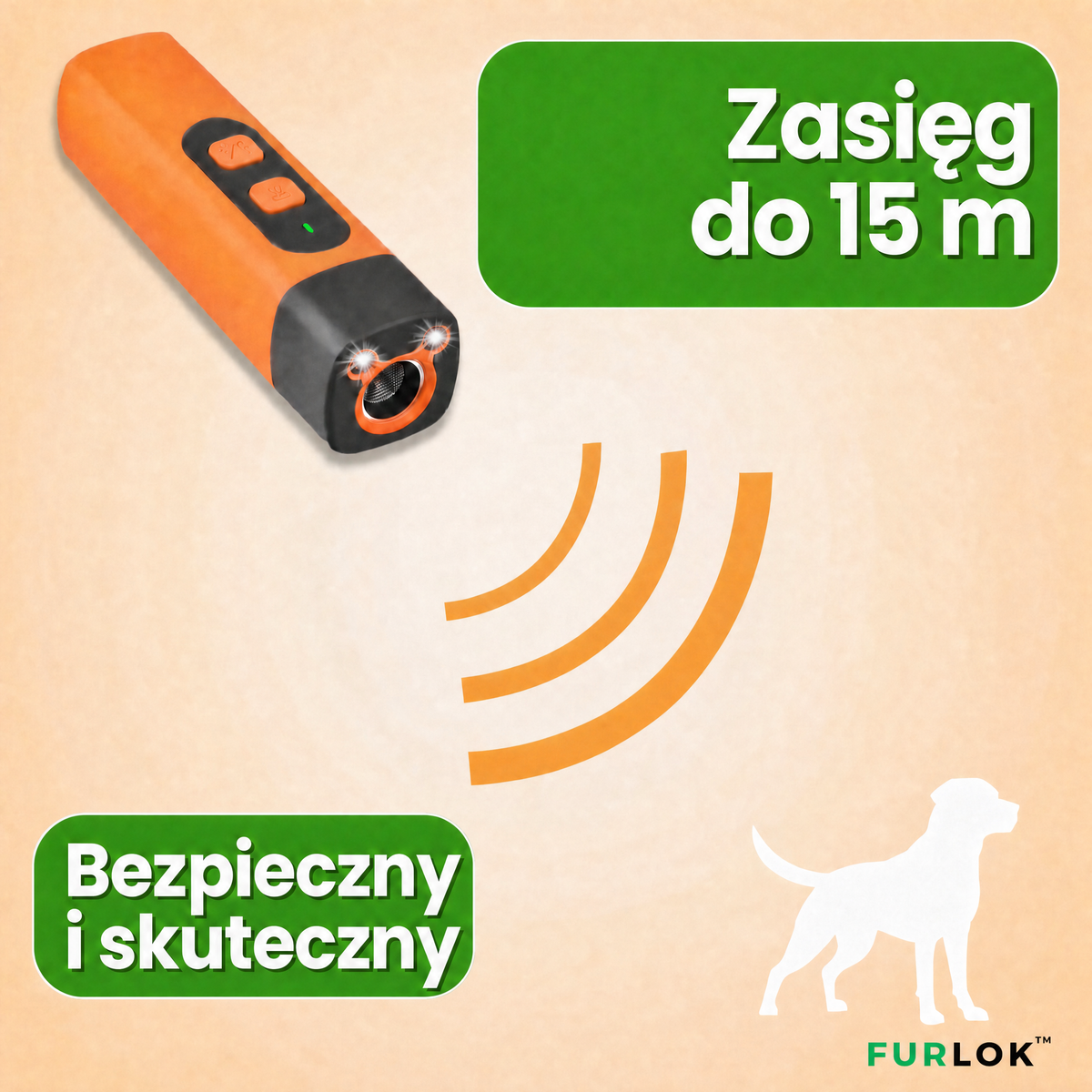 Pilot Furlok wysyła fale ultradźwiękowe w stronę sylwetki psa – zasięg do 15 m, bezpieczny i skuteczny