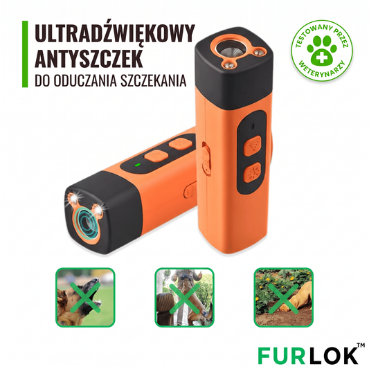 Dwa ultradźwiękowe piloty Furlok z odznaką „Sprawdzony przez weterynarza” i pieczęcią testu, pod nimi przekreślone zdjęcia szczekania, bójki i gryzienia