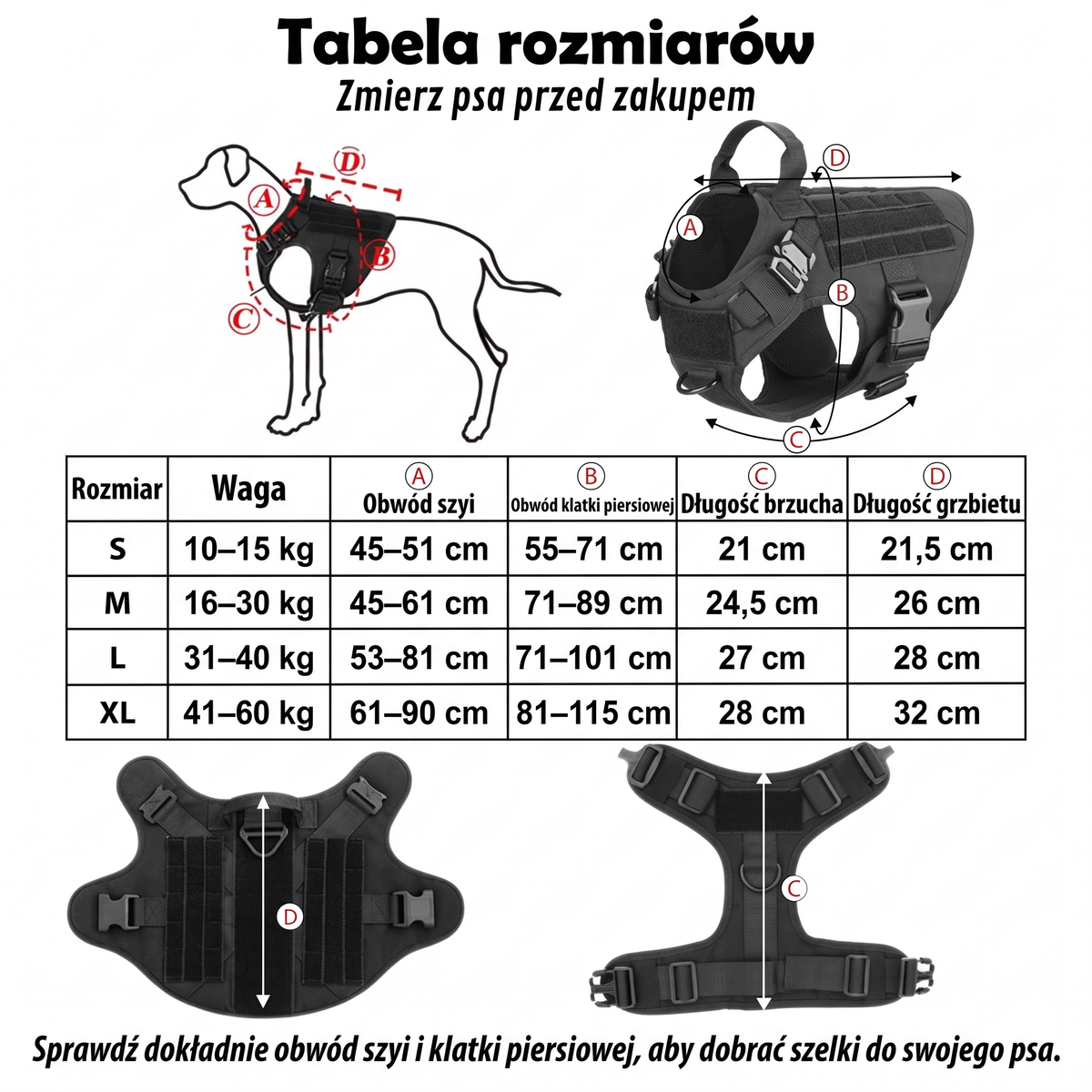 Tabela rozmiarów szelek S–XL i schemat pomiaru szyi, klatki piersiowej, brzucha i grzbietu.