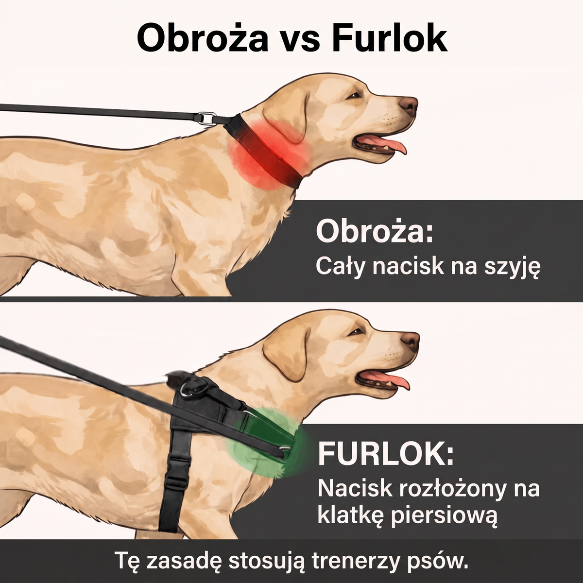 Porównanie obroży uciskającej szyję z szelkami Furlok rozkładającymi nacisk na klatkę piersiową.