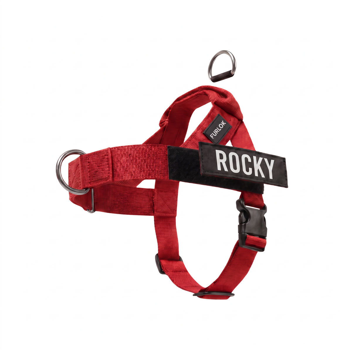 Czerwone szelki Furlok z czarną klamrą, metalowymi kółkami i naszywką ROCKY.