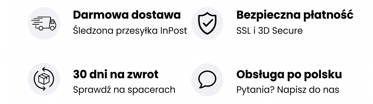 Cztery ikony: darmowa dostawa InPost, 30 dni na zwrot, bezpieczna płatność i obsługa po polsku.