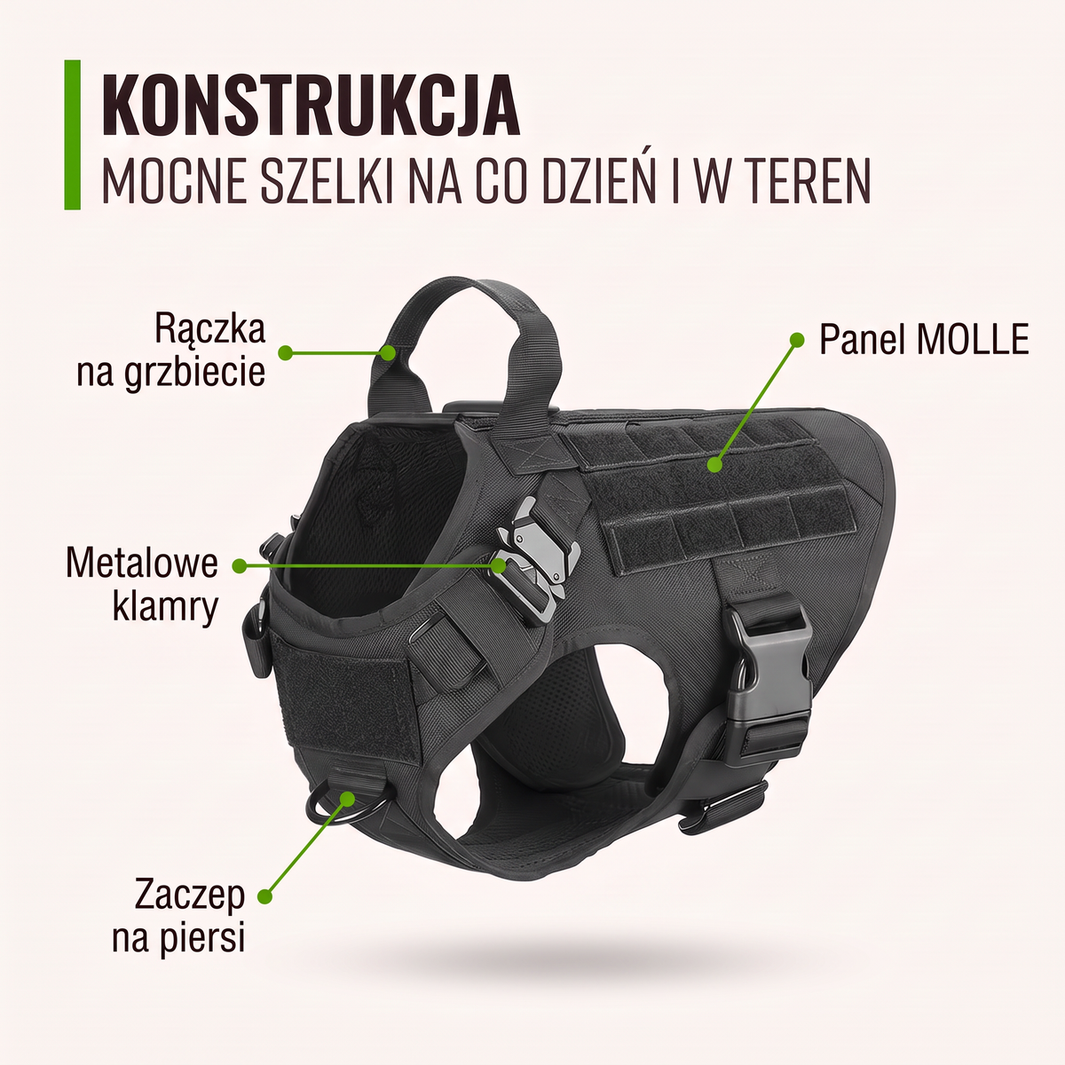 Konstrukcja szelek taktycznych Furlok™ K9: rączka na grzbiecie, panel MOLLE, metalowe klamry, zaczep na piersi.