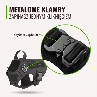 Metalowa klamra szelek taktycznych Furlok™ K9, zapinana jednym kliknięciem.