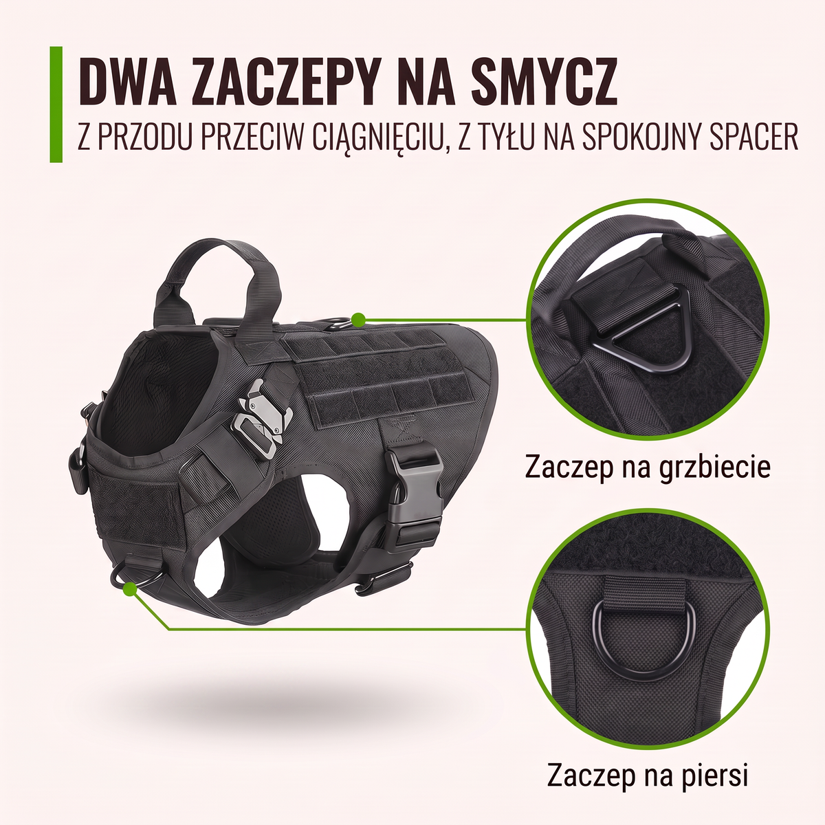 Dwa zaczepy na smycz w szelkach Furlok™ K9: na piersi przeciw ciągnięciu i na grzbiecie.