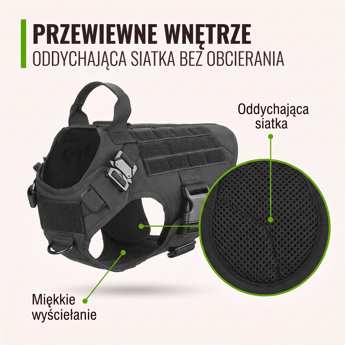 Przewiewne wnętrze szelek Furlok™ K9 z oddychającą siatką.