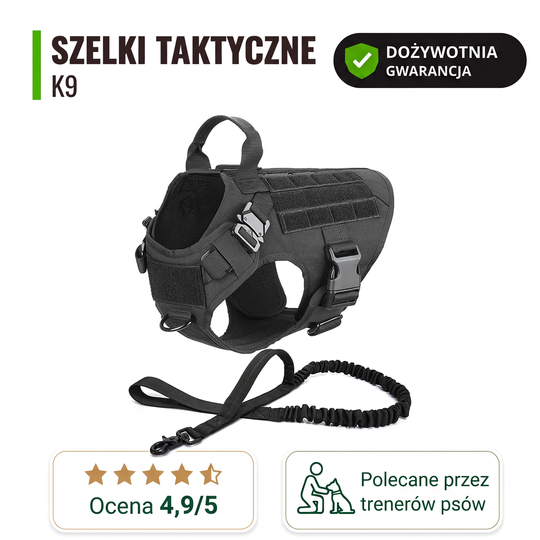 Czarne szelki taktyczne Furlok i dopasowana smycz z amortyzatorem na białym tle.