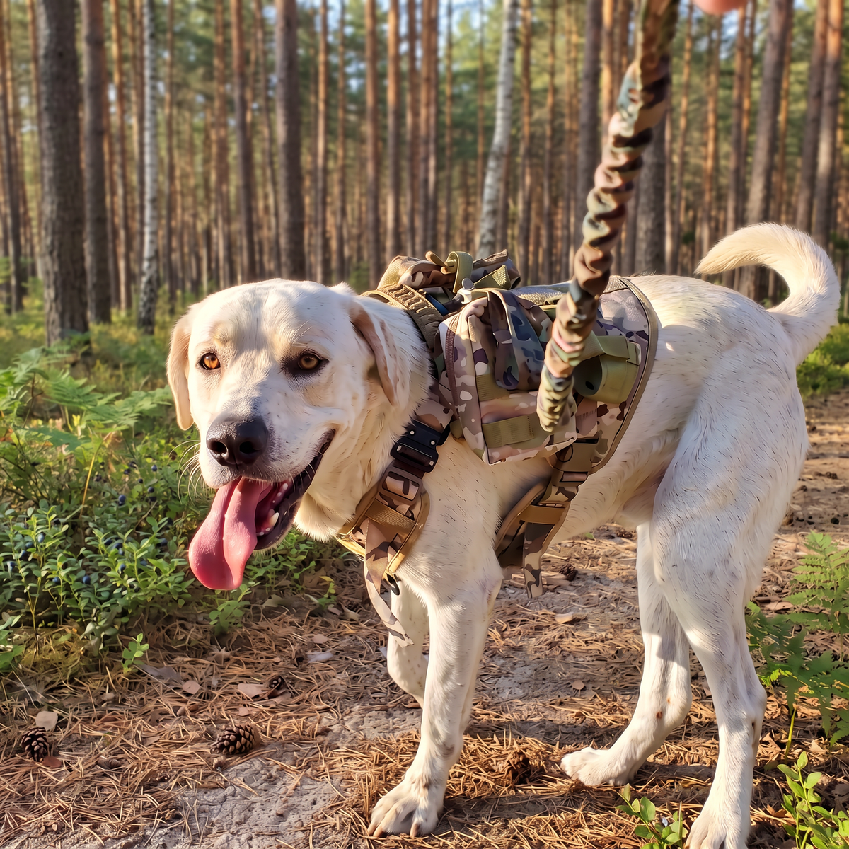 Labradorka Stella w szelkach taktycznych Furlok K9 na leśnej ścieżce wśród sosen i borówek.