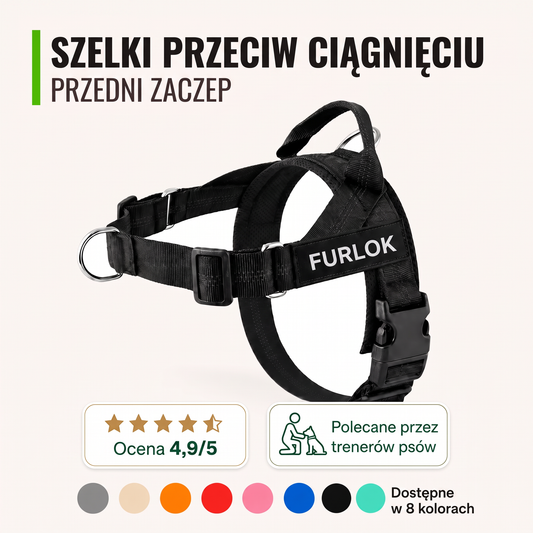 Czarne szelki Furlok z przednim zaczepem, oceną 4,9/5, rekomendacją trenerów i próbkami ośmiu kolorów.